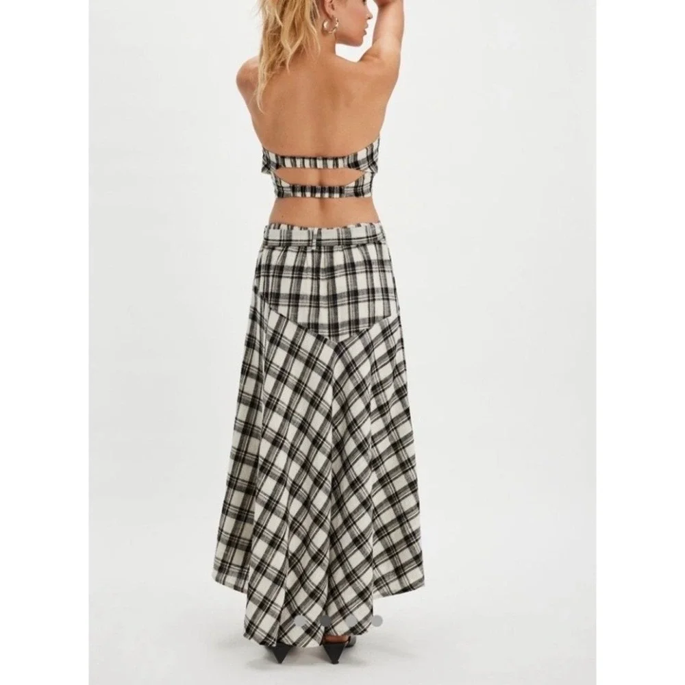 Free People Womens Black White Plaid 2 Piece Set Skirt Tube Top Tie Waist Size S